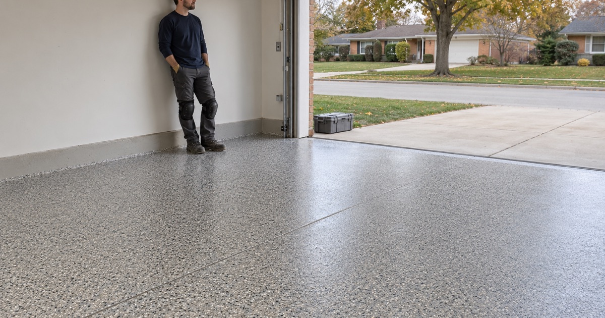A floor installer resting against the wall of a finished attached Glenview garage at the end of the job.
