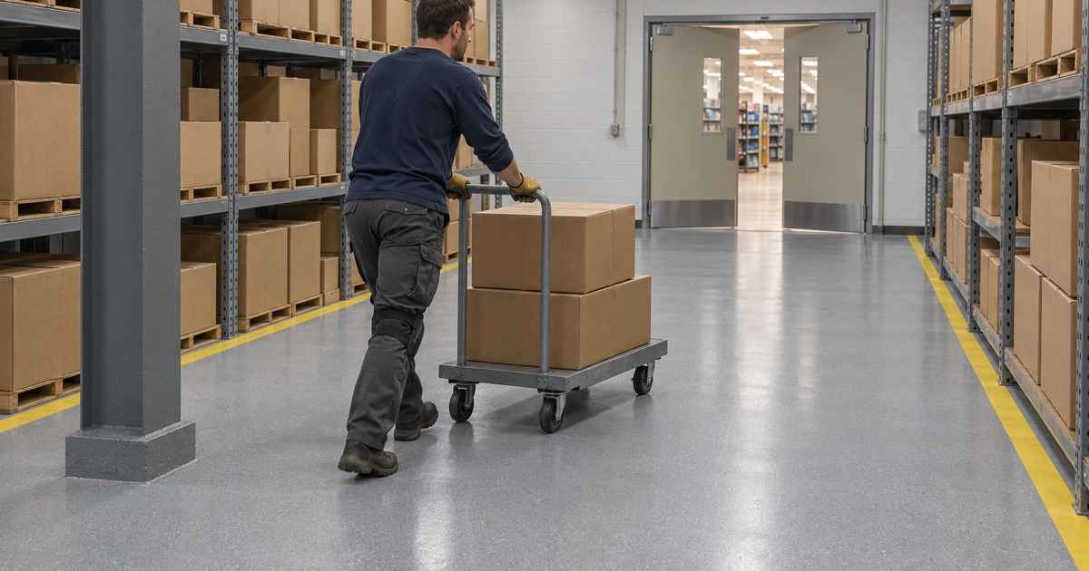 A platform cart rolled across a quartz-textured stockroom floor in a Glenview retail building.