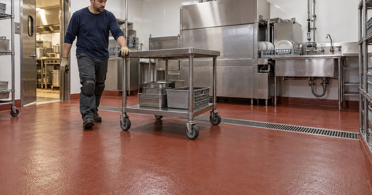 A stainless prep table rolled back over a coved urethane dish room floor with a trench drain in a Glenview restaurant.