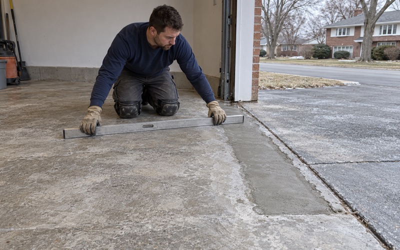 An aluminum straightedge laid across a fresh mortar patch at the salt-worn door edge of a Glenview garage slab.