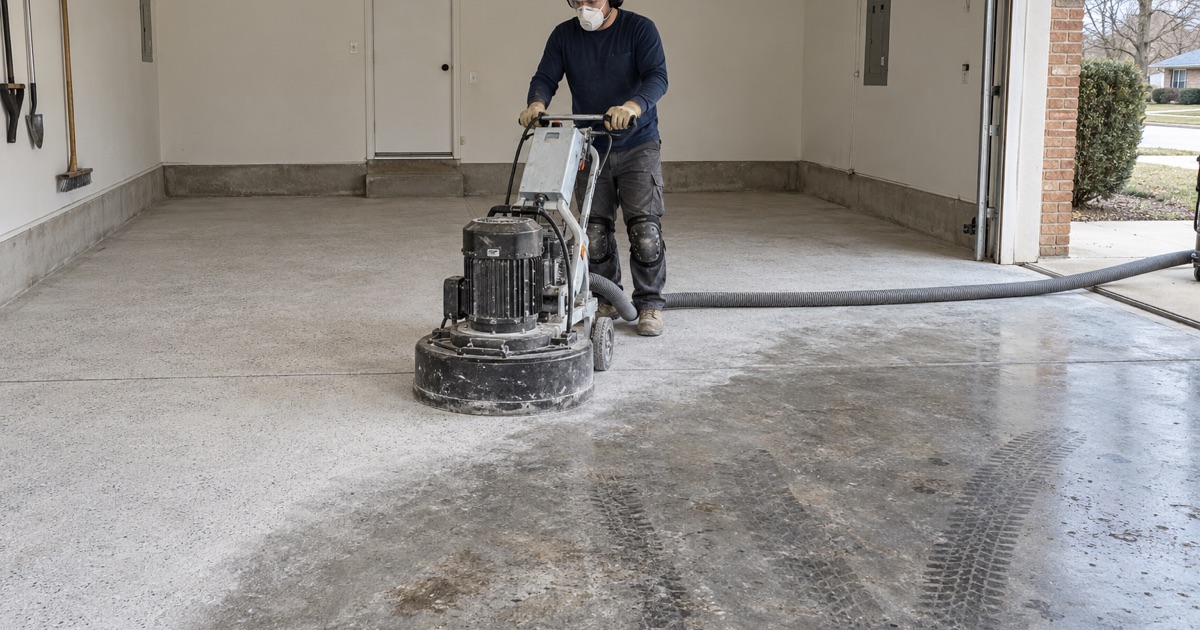 A walk-behind grinder with a dust shroud opening up the old slab of an attached Glenview garage.