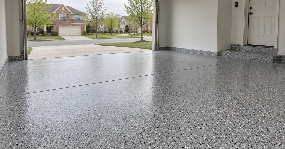 An empty attached Glenview garage with a finished gray flake floor, the door raised to daylight.