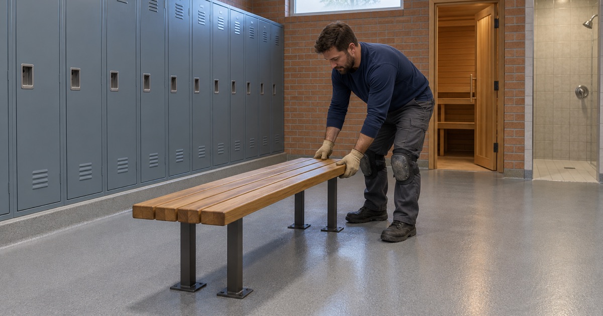 A textured, coved locker room floor in Barrington stopping at the shower and sauna thresholds