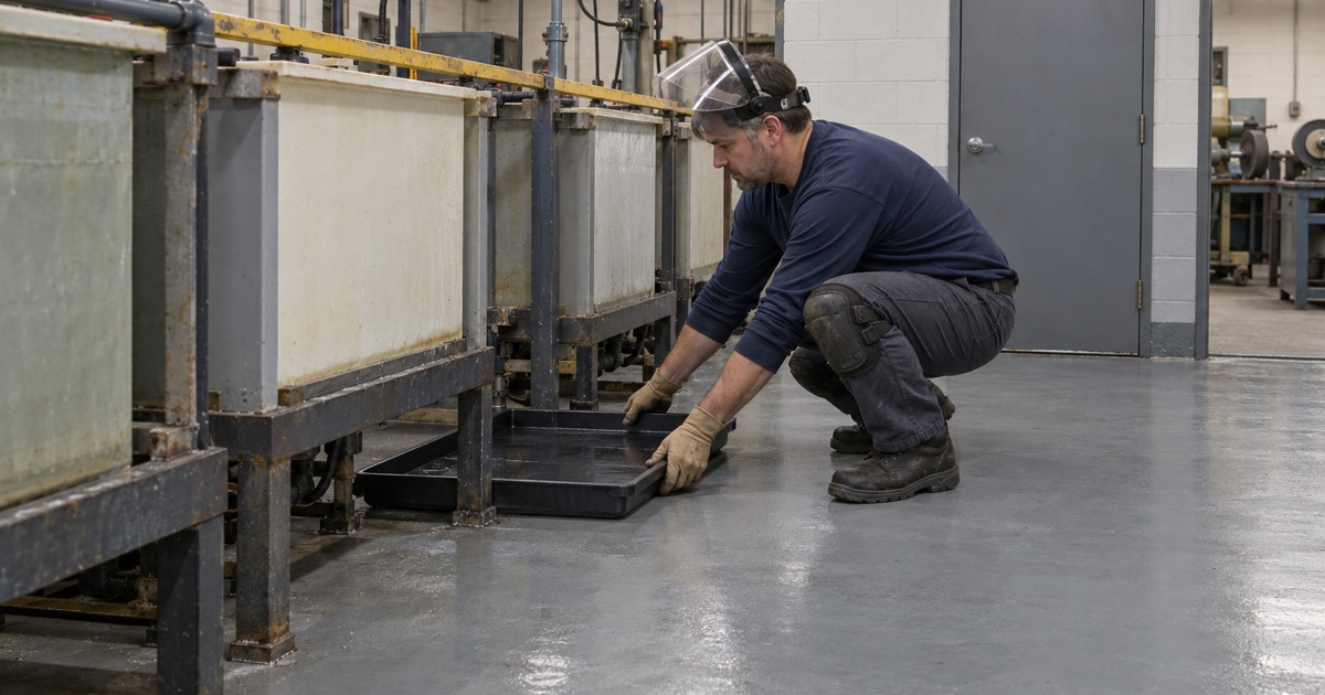 A plastic drip tray slid into place between plating tanks on a coated Bellwood chrome shop floor.