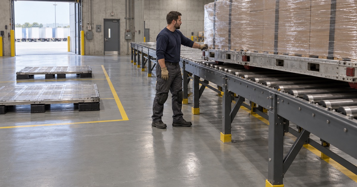 An aircraft cargo pallet guided along a roller deck over a zoned coated floor in a Bensenville cargo station.