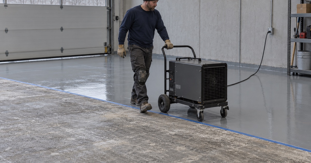 A wheeled electric heater rolled up to a freshly coated floor on a cold day in a Bridgeview warehouse bay.