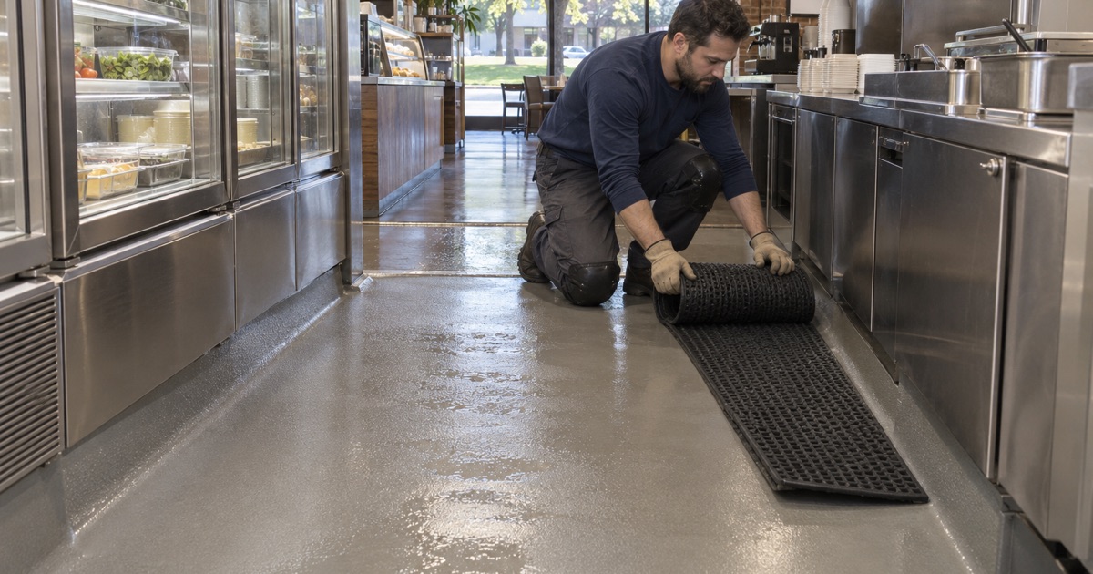 A seamless sealed floor behind a Cary butcher counter, built for hot-water cleanup
