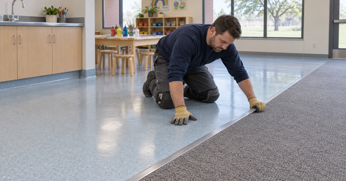 A seamless resin floor meeting carpet at a flush transition in a Forest Park venue
