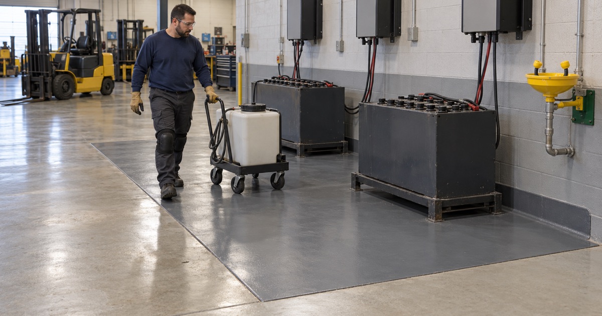 A battery watering cart wheeled into a separately coated forklift charging zone in a Franklin Park shop.