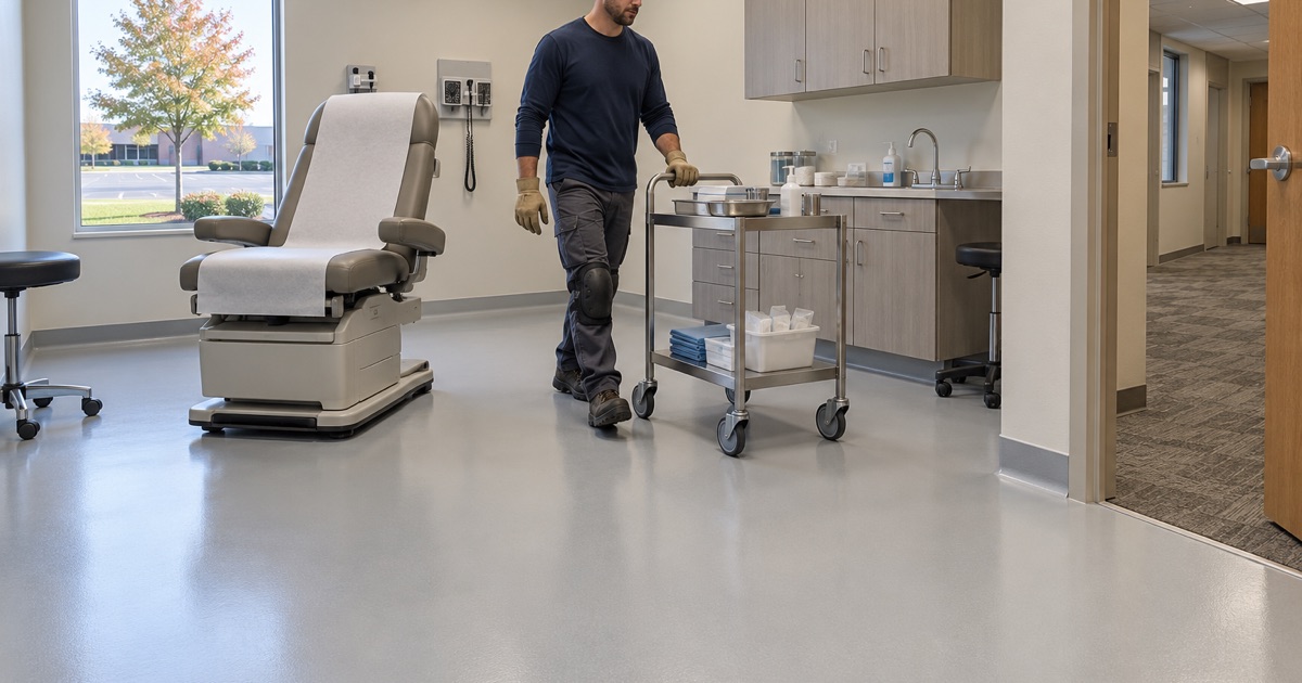 A nonporous treatment room floor in a La Grange urgent care, ready for a bleach cleanup