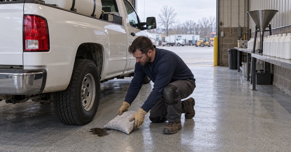 A bag of absorbent set down beside a small spill on the sealed floor of a Lyons equipment shop.