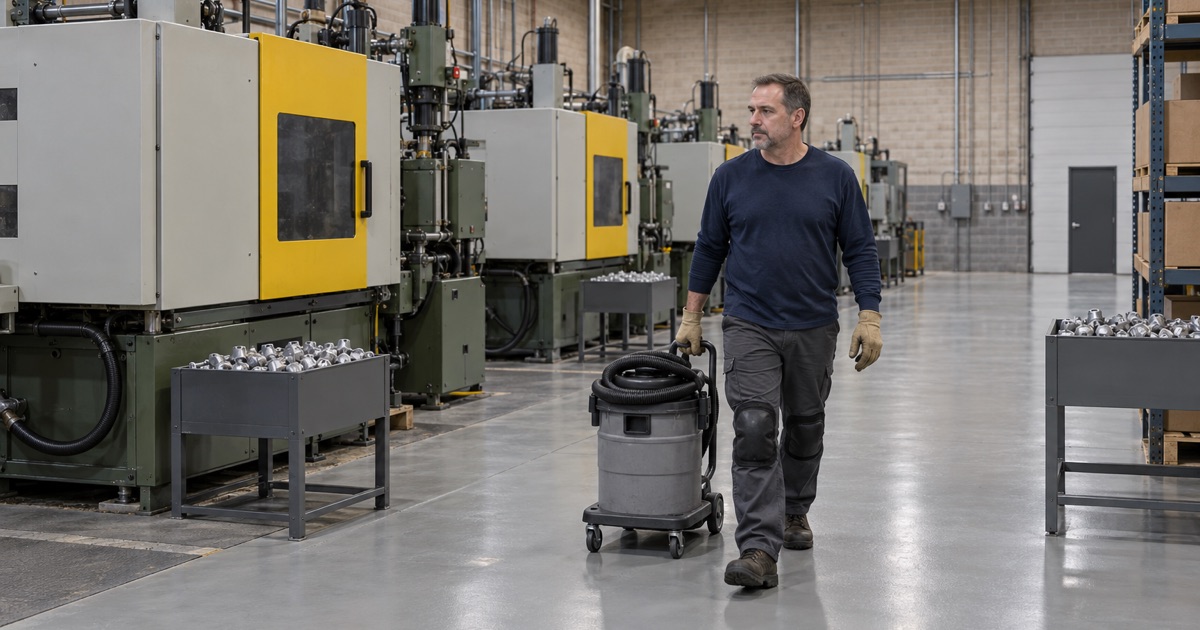 A canister vacuum pulled across the dry-cleaned coated floor of a Norridge zinc die-casting shop.