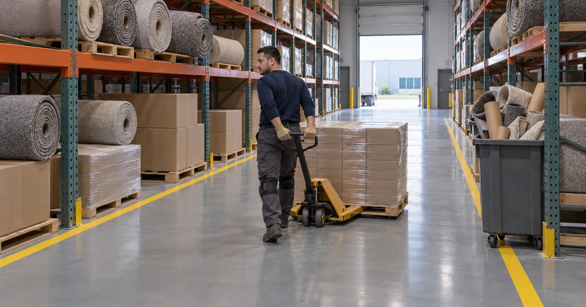 A pallet jack pulled down a striped aisle past carpet rolls in a Northlake flooring distribution warehouse.
