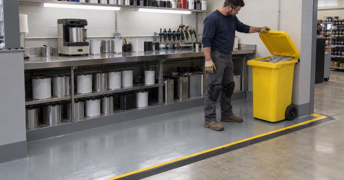 A wheeled spill kit bin parked at the sealed paint mixing zone of a Summit auto paint supply store.