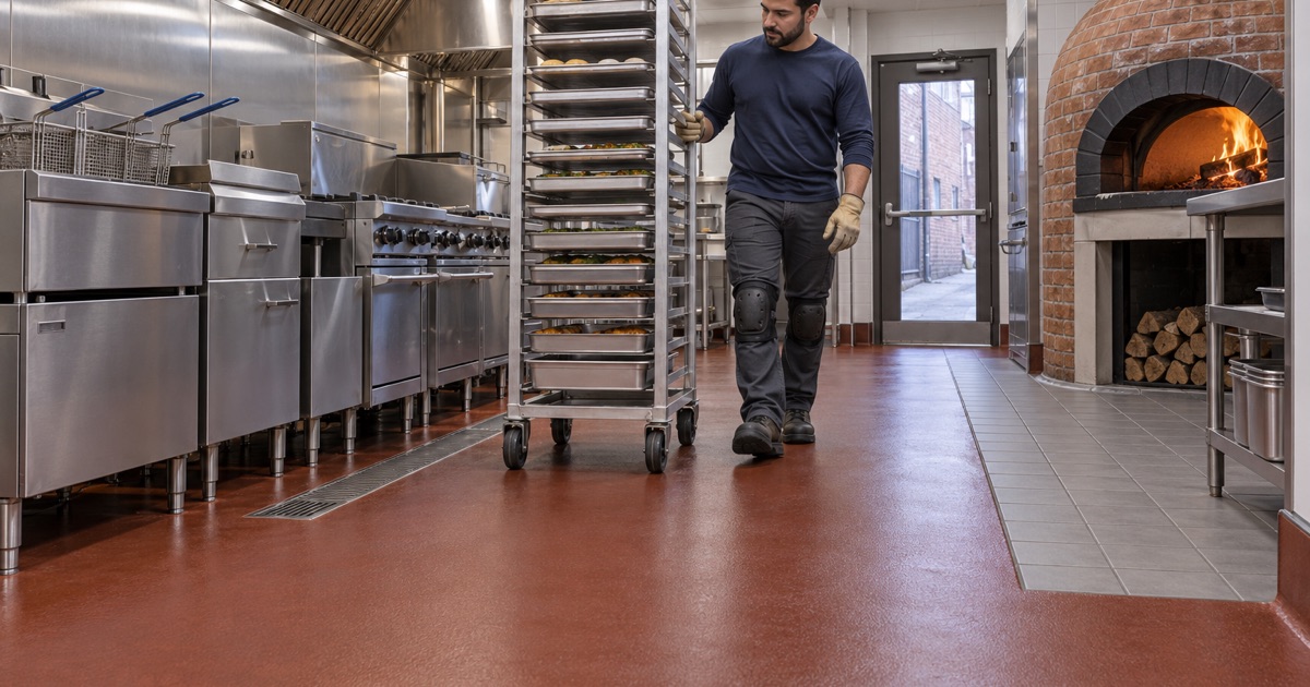 A kitchen floor in Western Springs stopping cleanly at the tiled apron in front of a wood-fired oven