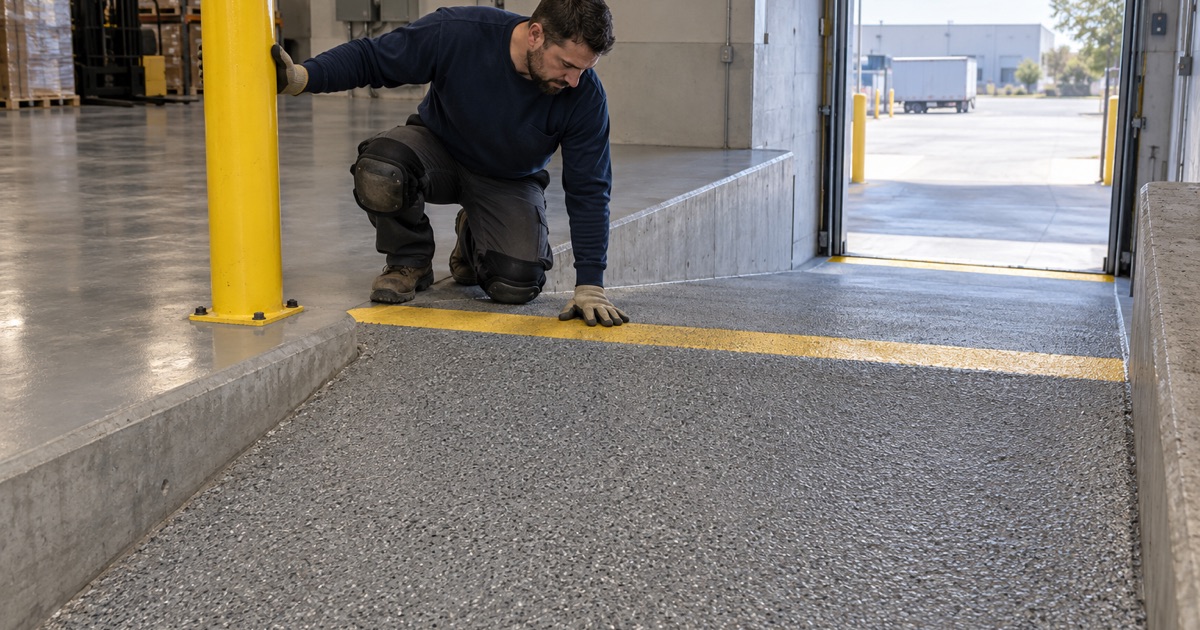 The textured, yellow-marked top of a forklift receiving ramp in a Wood Dale bonded warehouse.