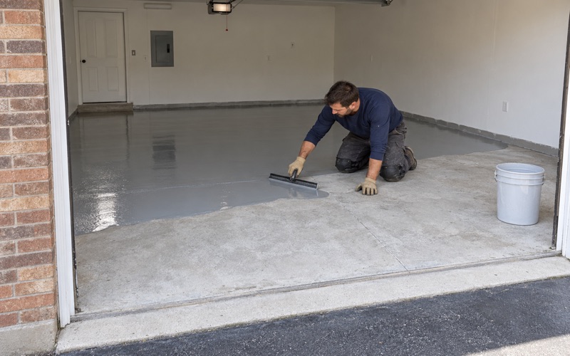 Gray epoxy base coat spread with a flat squeegee across the ground slab of an attached Glenview garage.