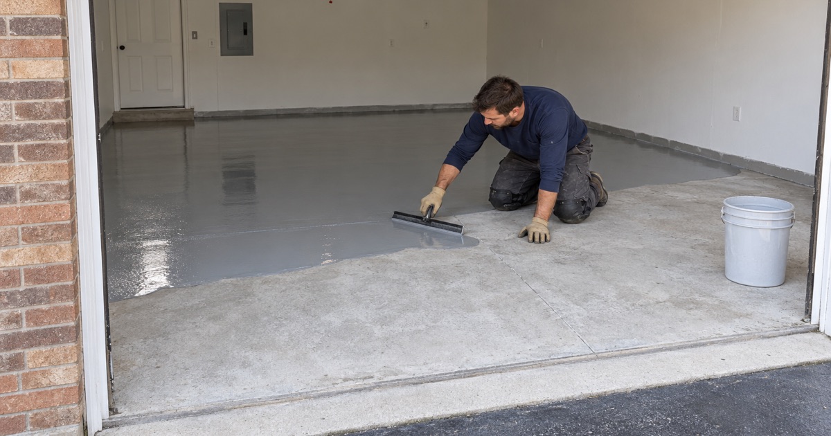 Gray epoxy base coat spread with a flat squeegee across the ground slab of an attached Glenview garage.