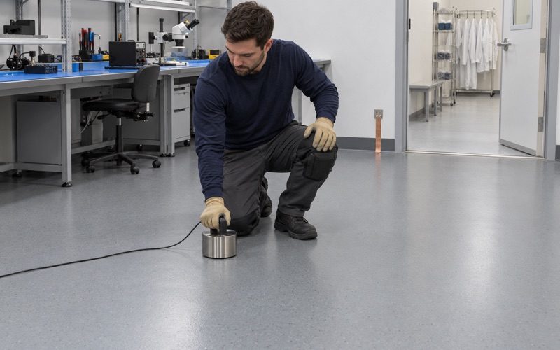 A heavy round test electrode set on a static-dissipative floor in a Glenview electronics room.