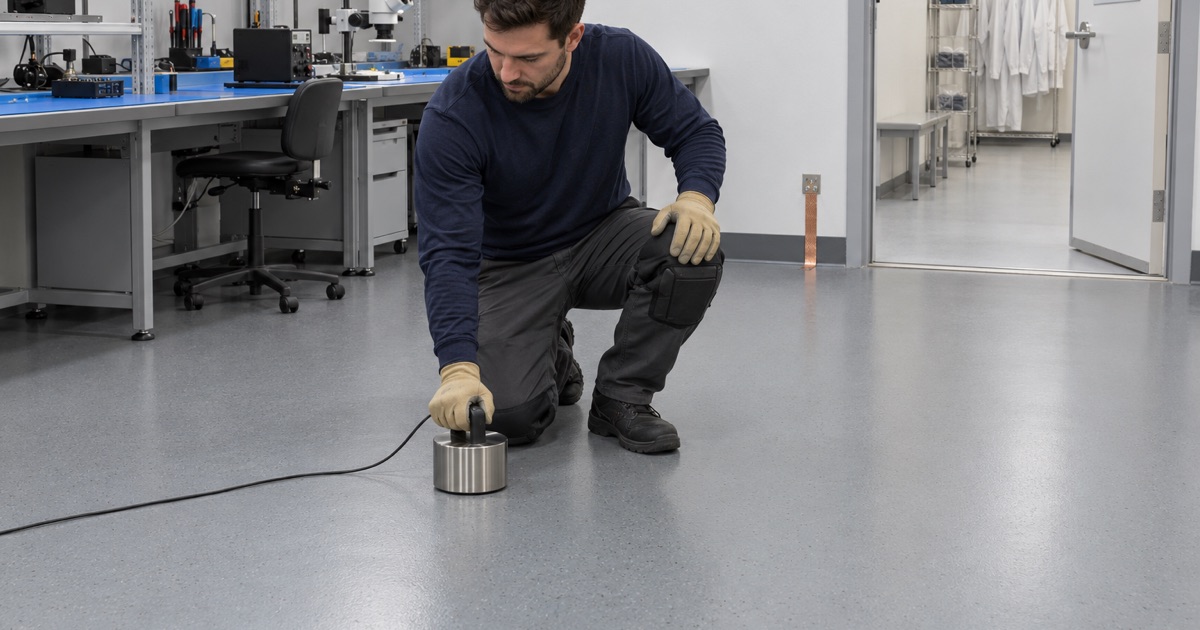 A heavy round test electrode set on a static-dissipative floor in a Glenview electronics room.