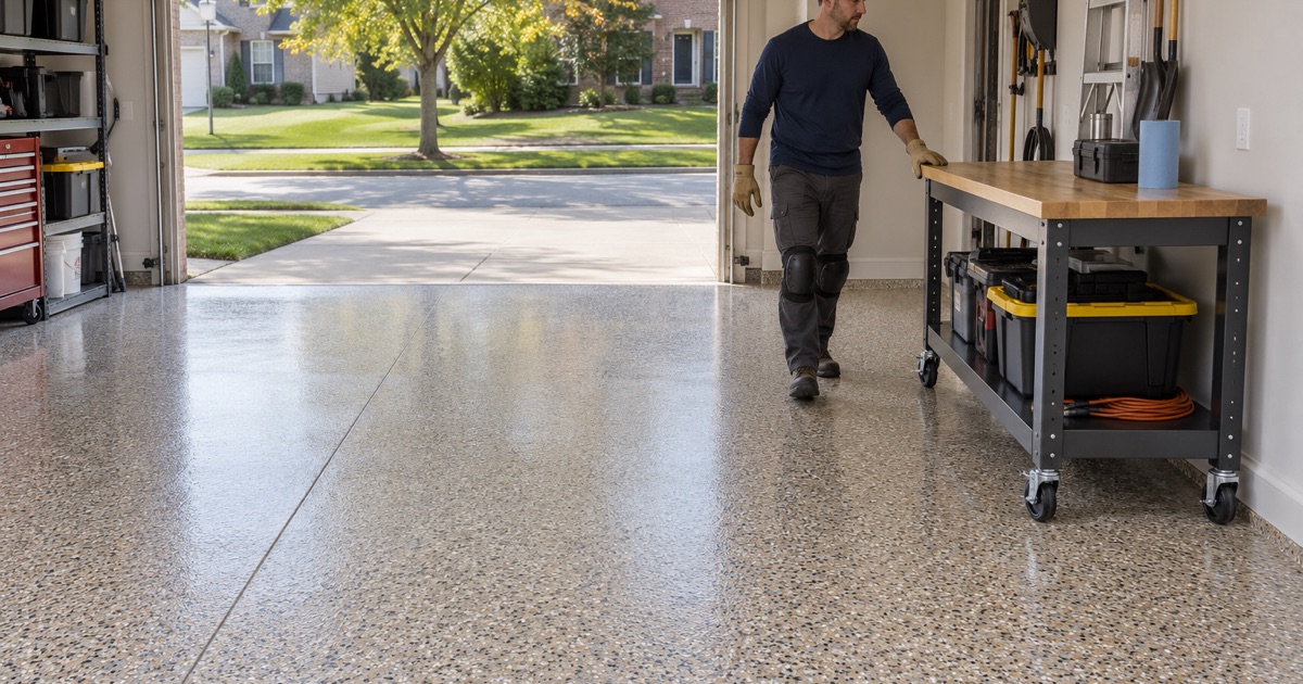 A rolling workbench guided onto a full-broadcast tan and black flake floor in a Glenview two-and-a-half-car garage.