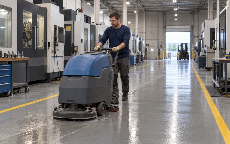 A walk-behind scrubber cleaning a coated aisle between machining centers in a Glenview manufacturing plant.