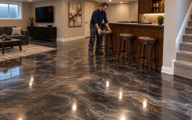 A bar stool set down on a swirled bronze and charcoal metallic epoxy floor in a Glenview basement rec room.
