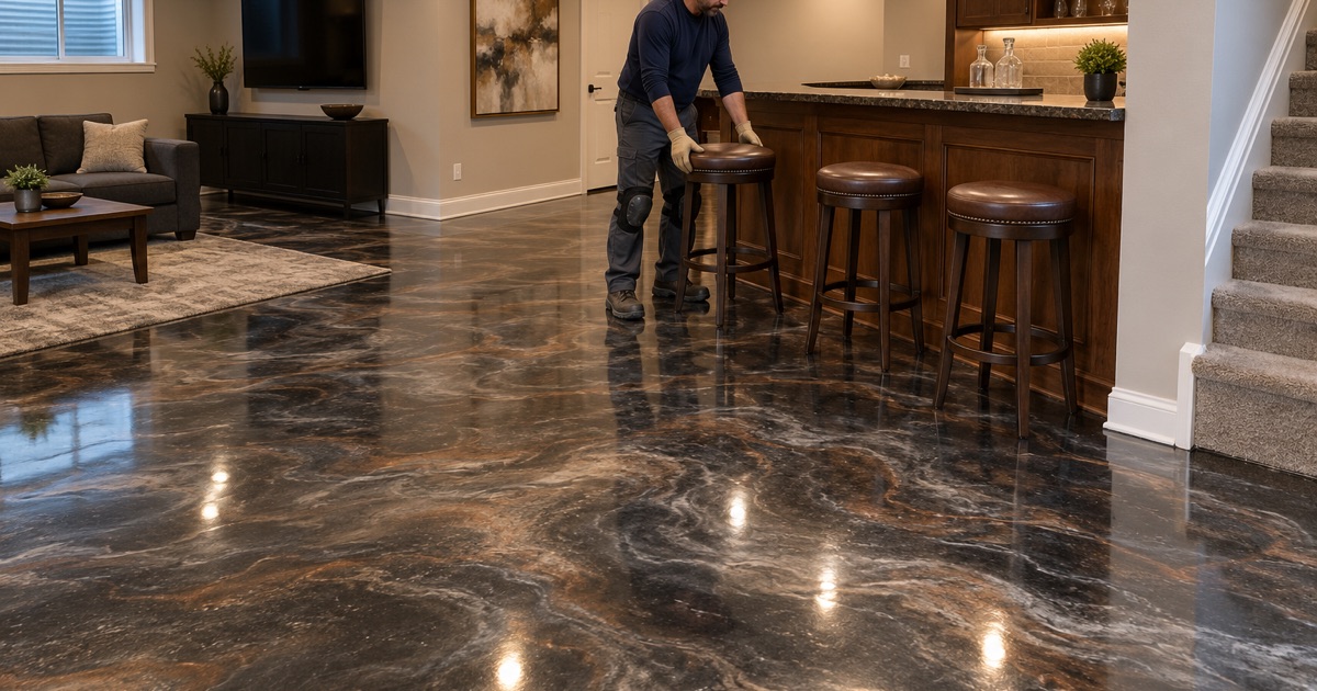 A bar stool set down on a swirled bronze and charcoal metallic epoxy floor in a Glenview basement rec room.